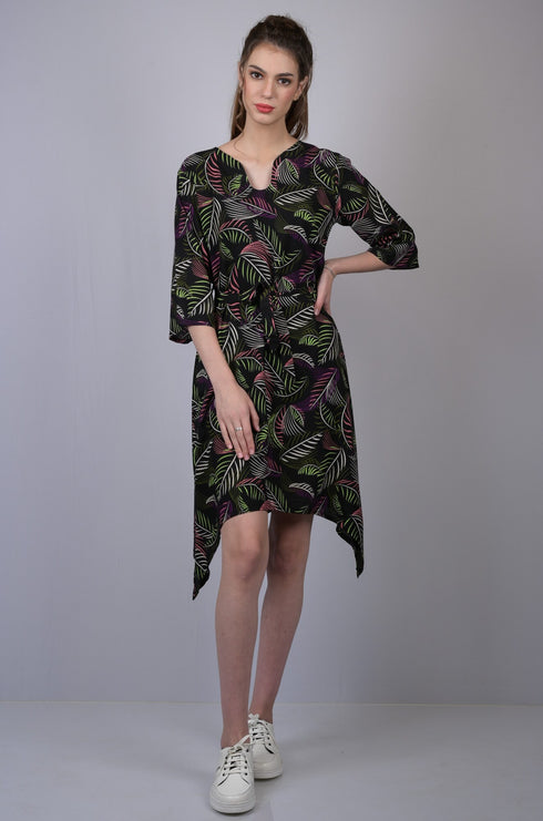 Women Black Leaf Print Drop-Waist Dress (OTL-DRS1012)